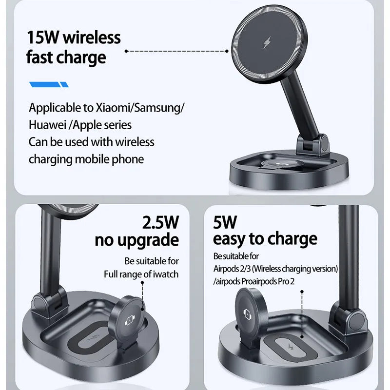 3 In 1 Magnetic Wireless Charger Stand Pad For Magsafe iPhone 16 15 14 13 12 Pro Max Apple Watch Airpods Fast Charging Station